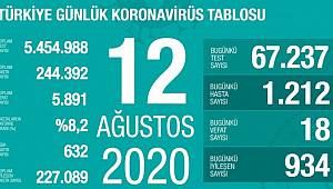 Türkiye'de son 24 saatte 1.212 kişiye Kovid-19 tanısı konuldu