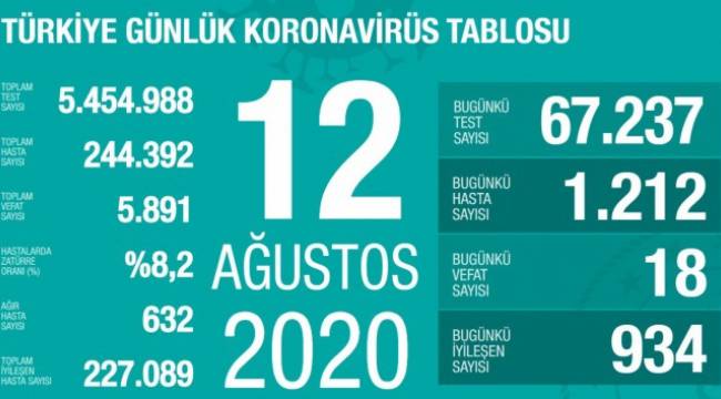 Türkiye'de son 24 saatte 1.212 kişiye Kovid-19 tanısı konuldu