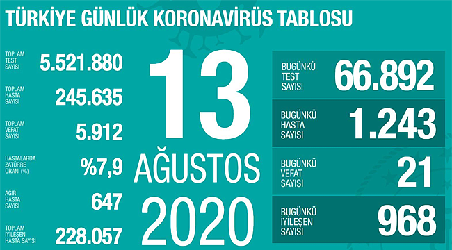 Türkiye'de son 24 saatte 1.243 kişiye koronavirüs tanısı konuldu